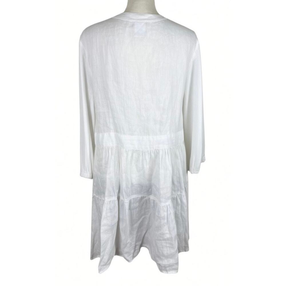 Finley 100% Linen White Mini Dress Long Sleeve Pleated V-Neck Button Size Large - Picture 4 of 8